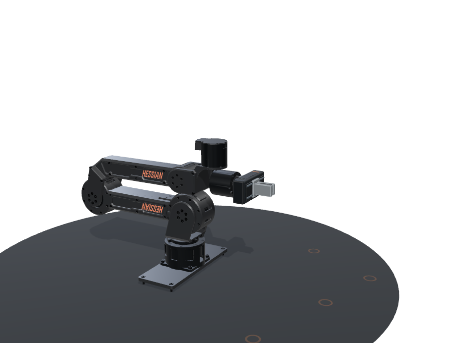 Black Hessian robotic arm with a parallel gripper and orange HESSIAN lettering