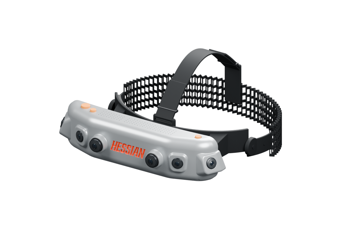 Silver Hessian Ego headset with six cameras, orange details, a black rear headband, and an overhead strap